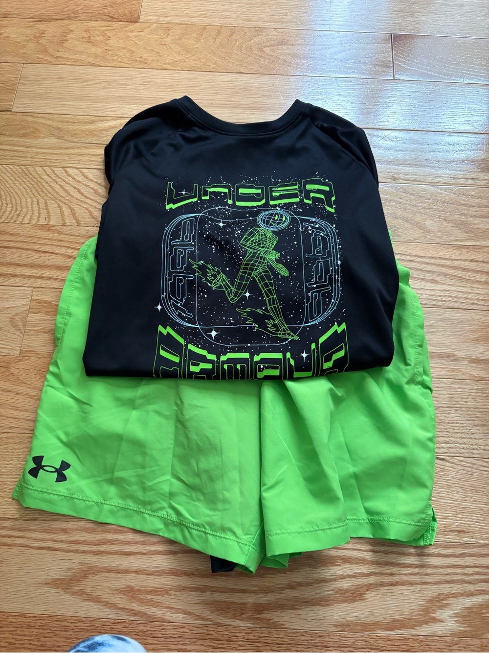 Under Armour Black Tee with Neon Green Graphic and Neon Green Shorts